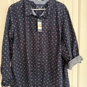 Tommy Hilfiger Navy Button-Down Shirt with Red & White Floral Motif 3x NWT